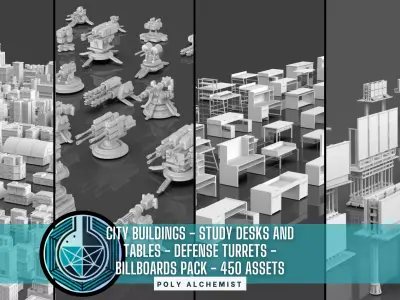 City Buildings-Turrets-Study Desk-Billboards Pack-450 Assets Low-poly 3D model