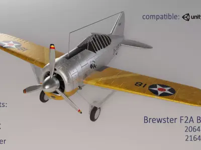 Low poly game ready F2A Buffalo fighter aircraft Low-poly 3D model