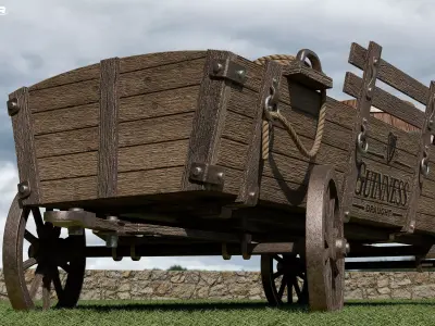 Wooden horse-drawn wagon Low-poly 3D model