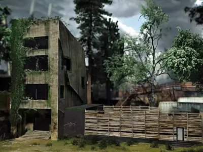 Post Apocalyptic Building With Extended Basketball Court Low-poly 3D model