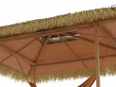 Hammock Canopy with Wooden Poles and Grass Roof Brown 3D model