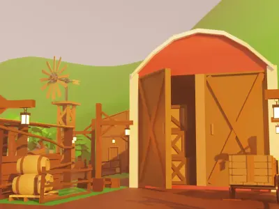 Village Scene with Detailed Environment Low-poly 3D model