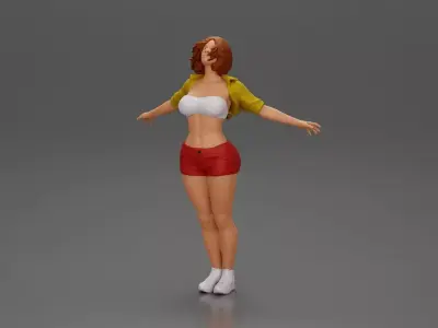 Auburn haired woman twirls with arms outstretched embracing 3D print model