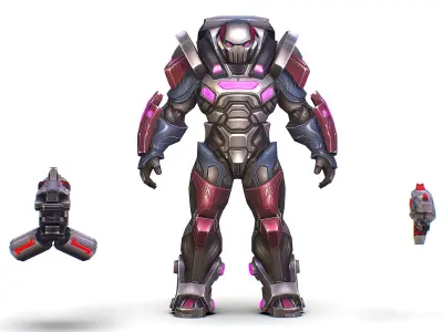 Cartoon Sci-Fi Cyborg Drone Heavy Machine Gunner Low-poly 3D model get