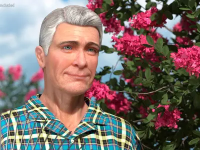 Grey-Haired Man in Plaid Shirt with Rake Rigged  purchase 3D model