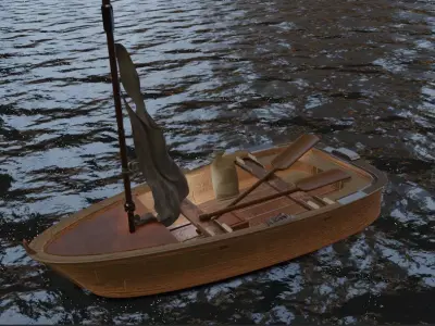 Fishing Boat with Oars - Wooden Skiff - Game Ready  3D model