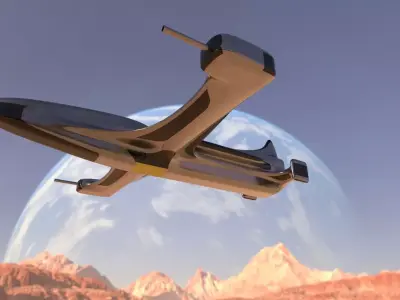 Spaceship 3D model futuristic jet flying in sky Low-poly 3D model