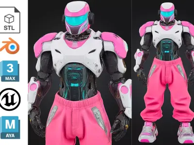 Stylized Pink Futuristic Robot Character Low-poly 3D model