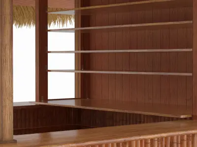 Tropical Service Tiki Bar with Thatch Roof and Wooden Stools Natural 3D model