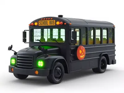 Eerie Black School Bus with Glowing Green Headlights 3D Model Low-poly 3D model