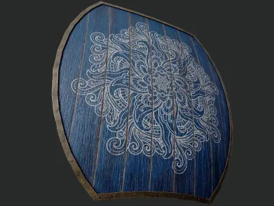 Slavic hybrid shield-painted blue with flower symbol Low-poly 3D model