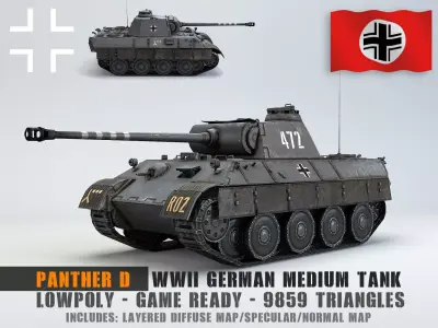 Low Poly Panzer V Panther D medium tank Low-poly 3D model
