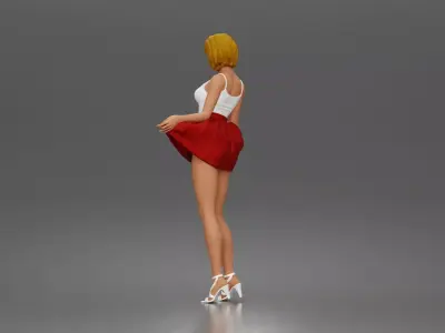 Cheerful girl twirling skirt playfully posing in strappy heels 3D print model