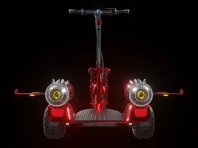 Red tri-wheel electric scooter with turbojet and wing Low-poly 3D model