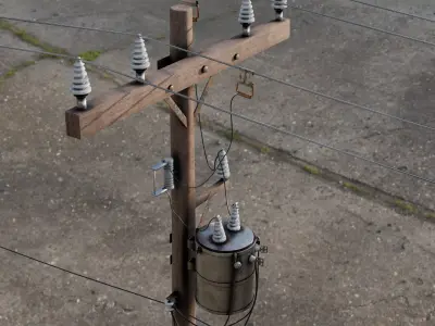 Realistic Wooden Electric Utility Pole with Transformer 3D model
