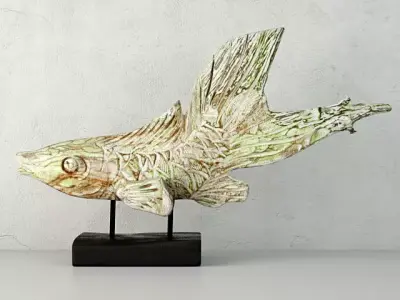 Hand Carved Driftwood Fish On Stand 3D model 8