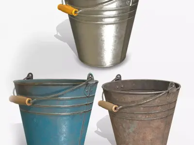 Bucket three metal buckets with handles Low-poly 3D model