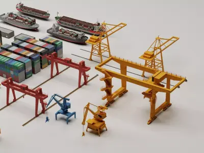 Port Logistics Container Terminal Cargo Ship Crane Asset Pack 3D model