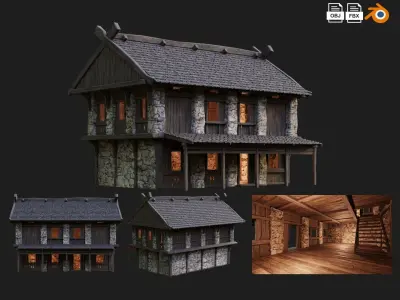 4 Old Medieval Building House Pack 4K Tex GameReady 41 to 44 Low-poly 3D model