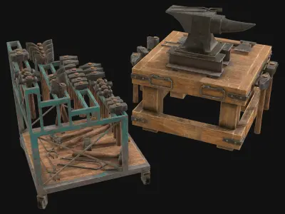 Anvil with Ironwork Tools and Rack 2 Low-poly 3D model