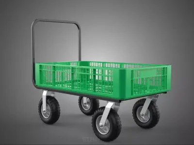 GREEN STEEL PUSH CRATE WAGON PLASTIC MESH DECK BED CART TROLLEY 3D model