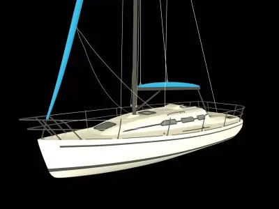 3D model of a sailboat with a white hull and a blue sail 3D model