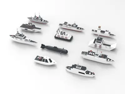 Battleship Collection group of ships and submarines Low-poly 3D model