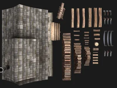 Sawmill and Lumberjack Set Low-poly 3D model