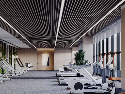 gymnasium gym with exercise machines and plants 3D model