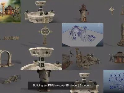 Building set PBR low-poly 3D model wooden cross 3D Model Collection