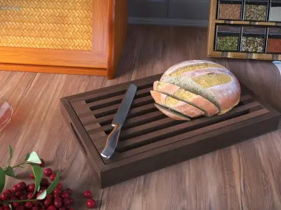 Dark Wood Bread Cutting Board with Knife and Round Loaf 3D model