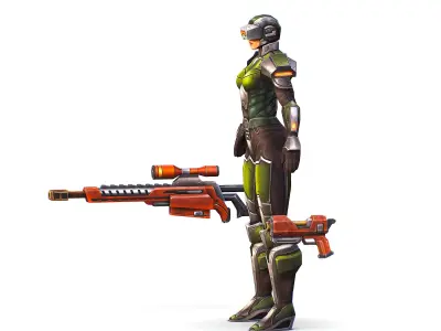 Cartoon Sci-Fi Cyborg Drone Sniper Soldier Low-poly 3D model 3
