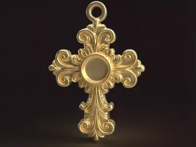 Baroque Cross Pendant with Cabochon Setting 3D print model