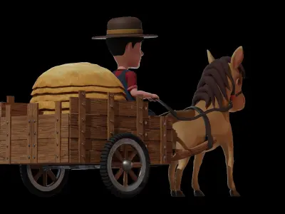Stylized Cartoon Horse Wagon or Cart Low-poly 3D model