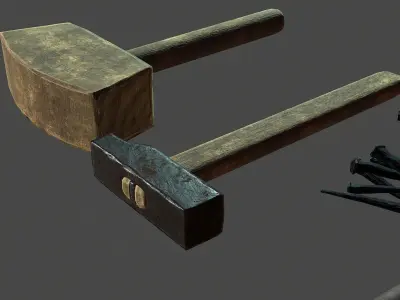  Lowpoly model of tools mallet hammer chisel nails Low-poly 3D model