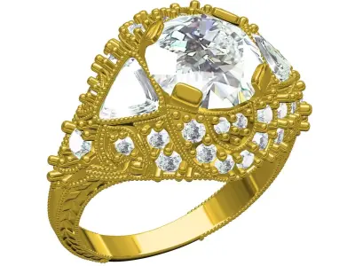Antique Art Deco Round and Trillion Diamond Engagement Ring 3D print model