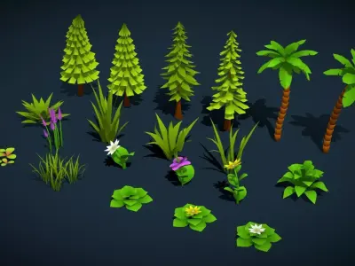 Stylized Lowpoly Game Foliage Low Poly Trees Grasses Plants Kit Low-poly 3D model