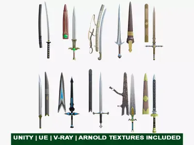 10 Swords Collection PBR Unity UE Arnold V-Ray Textures Included 3D Model Pack