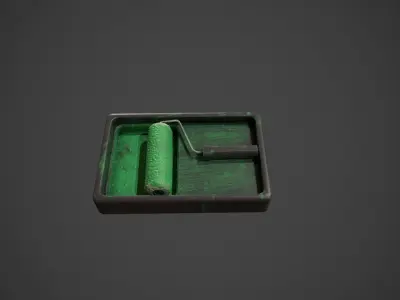 Paint Roller and Tray - Green Paint Low-poly 3D model