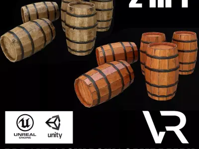 Barrel Game Ready PBR group of wooden barrels Low-poly 3D model