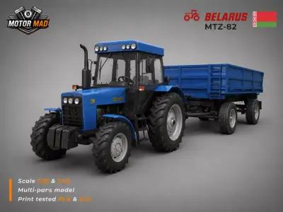 MTZ-82 Belarus Tractor with 2PTS-4 Trailer 3D print model