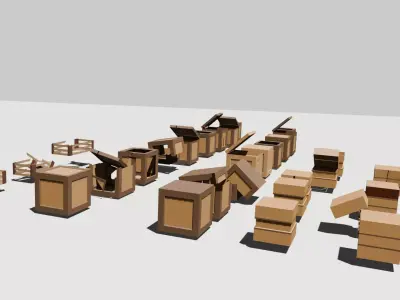 Low Poly Wooden Crate Pack Game Assets Open-Closed-Broken-Boxes Low-poly 3D model