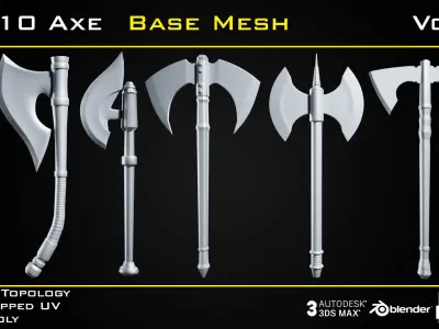 10 Axe BASE MESH - VOL 01 -Game Ready- Low-poly 3D model