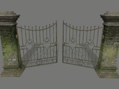 wall set 6 stone with iron railings Low-poly 3D model
