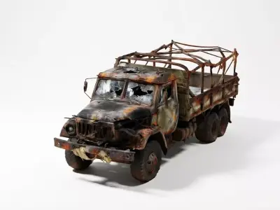 Destroyed Military Transport Truck 3D Model - Wrecked Vehicle Low-poly 3D model