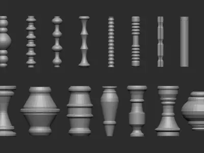55 Low poly wood carved chair table pillar parts IMM brush set 3D model