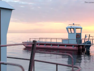 Industrial Cargo Boat with Control Cabin and Motor Red 3D model