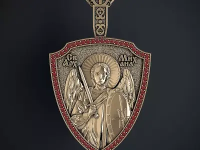 PENDANT IN THE FORM OF A SHIELD WITH ARCHANGEL MICHAEL 3D print model
