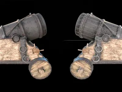 Mortar two cannons on wheels Low-poly 3D model