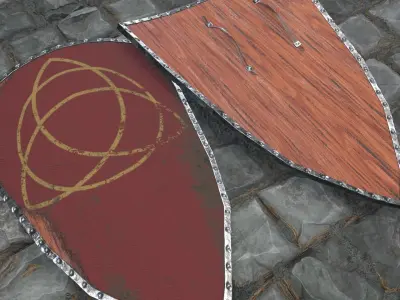 Medieval round shield with a  cross and genuine leather straps Low-poly 3D model